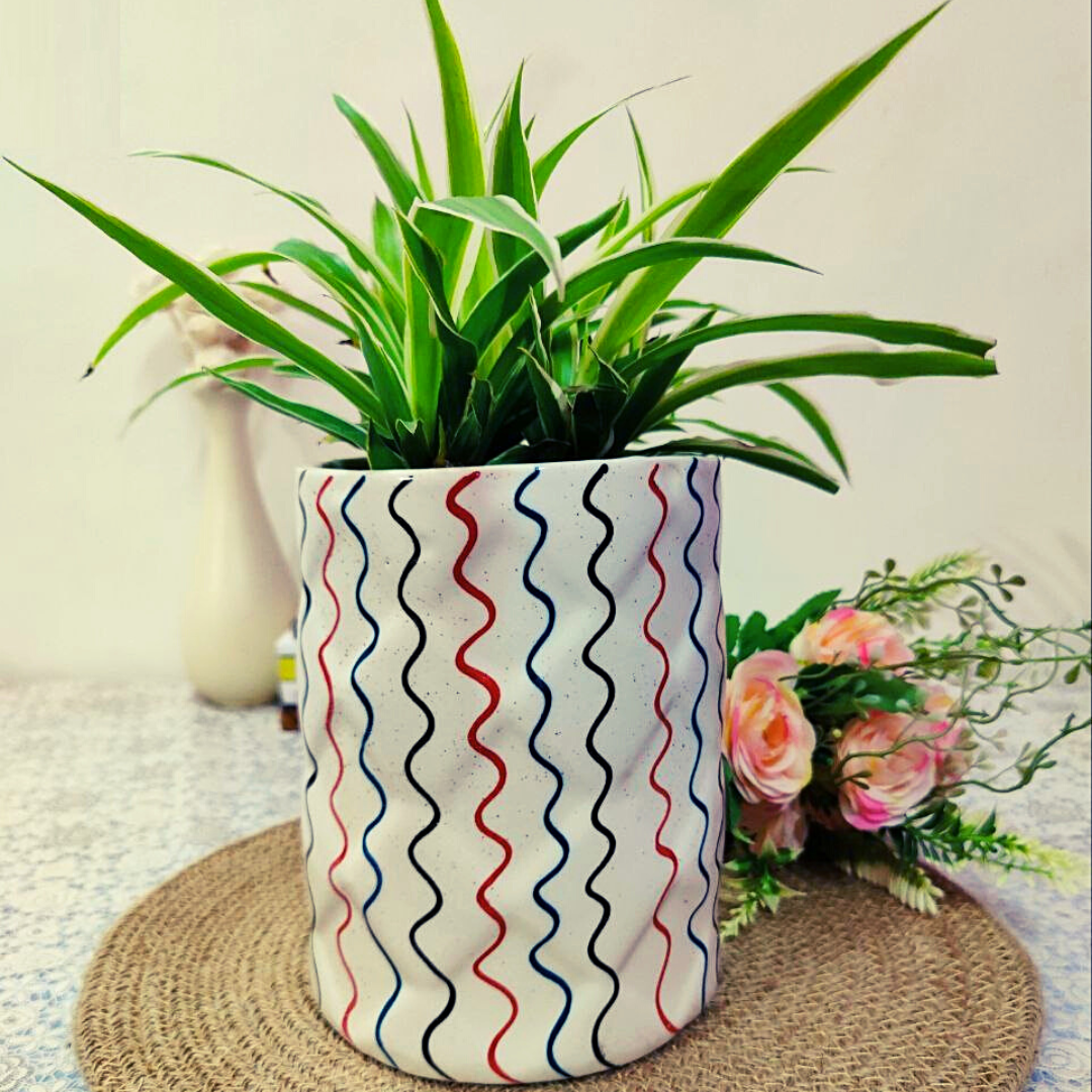 Homefrills Stylish Cylinder shape White Colour with multicolour line design Ceramic planter Pot for Indoor & Outdoor Home, Garden, Office Decor, Balcony Planters Pot Gamla Size- 14*18 cm Colour-White